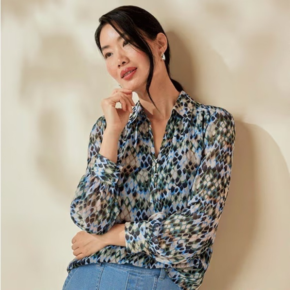 Northern Reflections Elegant Button-Up Multicolor Print Blouse Sz S NWT